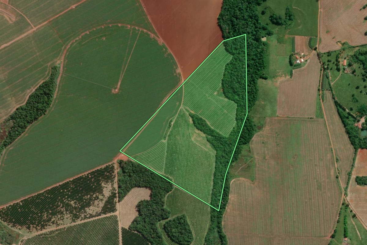 Imagem de satélite do imóvel rural em Itapetininga (SP), com o contorno declarado no CAR desenhado por cima.