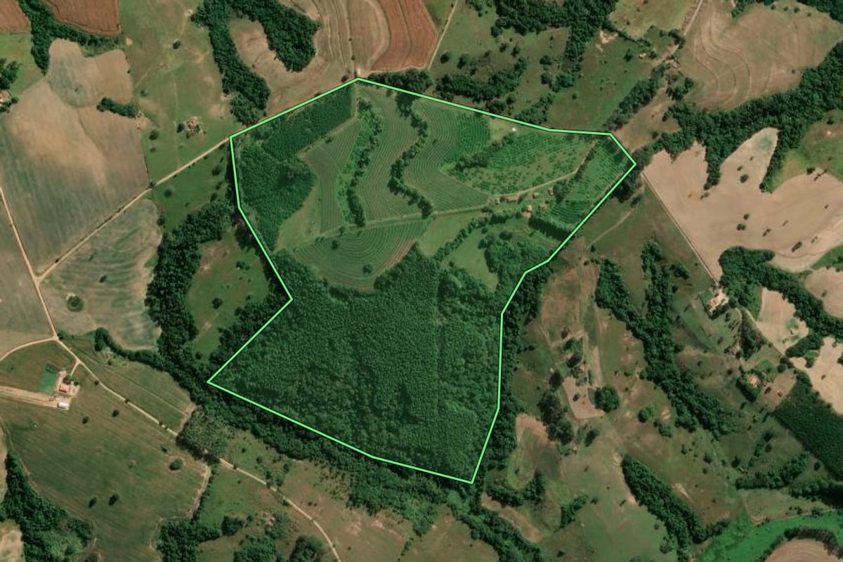 Imagem de satélite do imóvel rural em Itapetininga (SP), com o contorno declarado no CAR desenhado por cima.