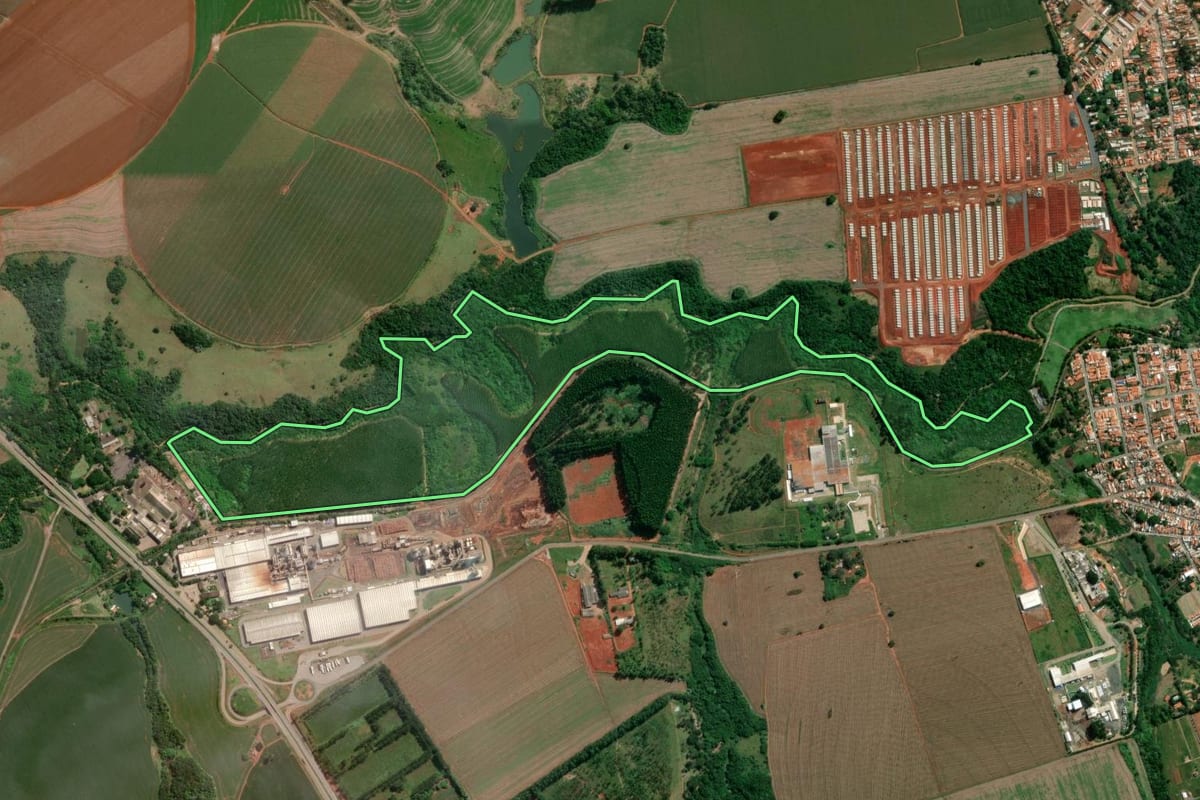Imagem de satélite do imóvel rural em Itapetininga (SP), com o contorno declarado no CAR desenhado por cima.