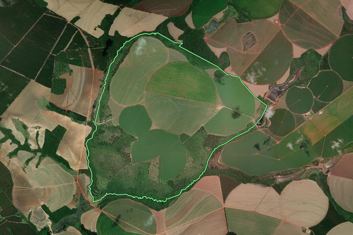 Imagem de satélite do imóvel rural em Itapeva (SP), com o contorno declarado no CAR desenhado por cima.