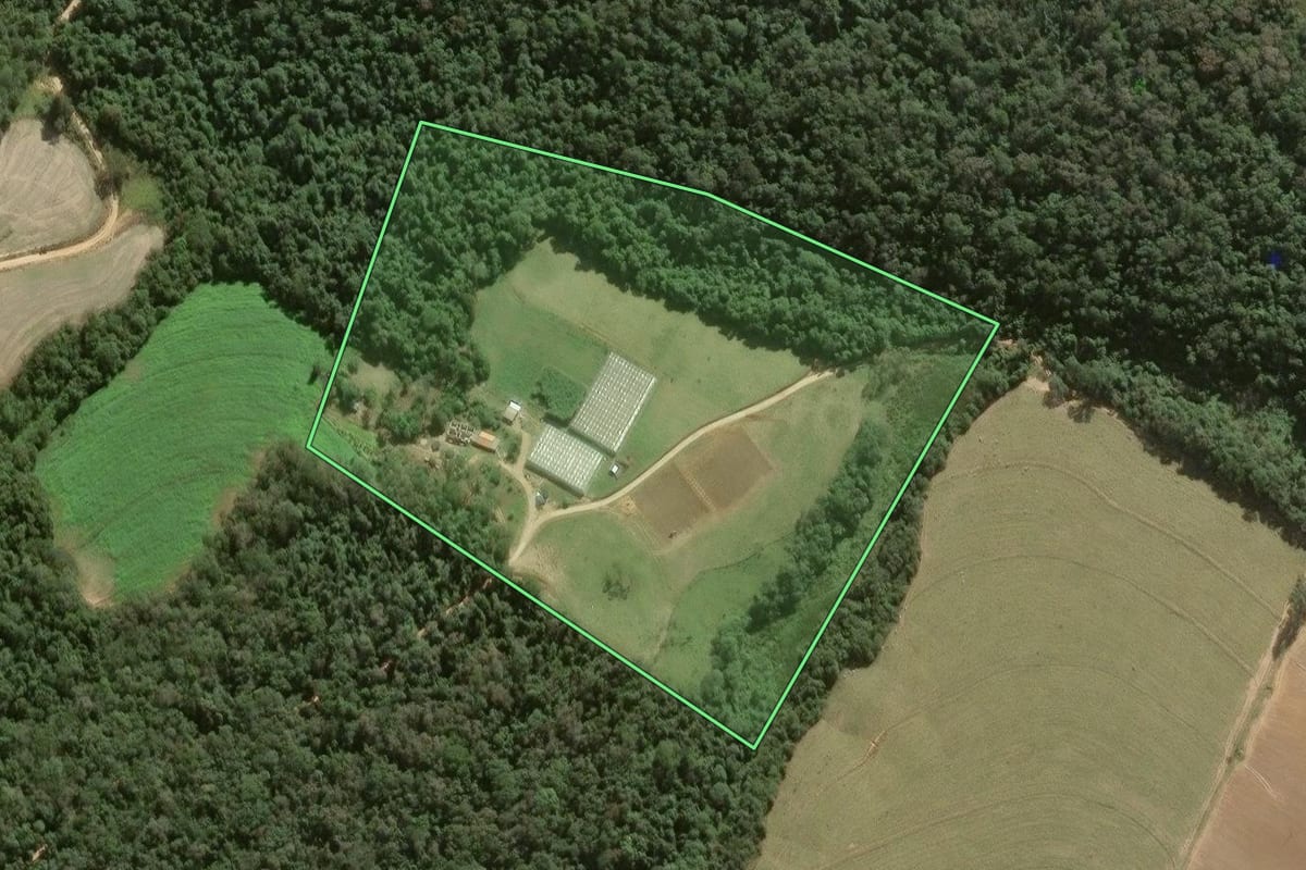 Imagem de satélite do imóvel rural em Itapeva (SP), com o contorno declarado no CAR desenhado por cima.