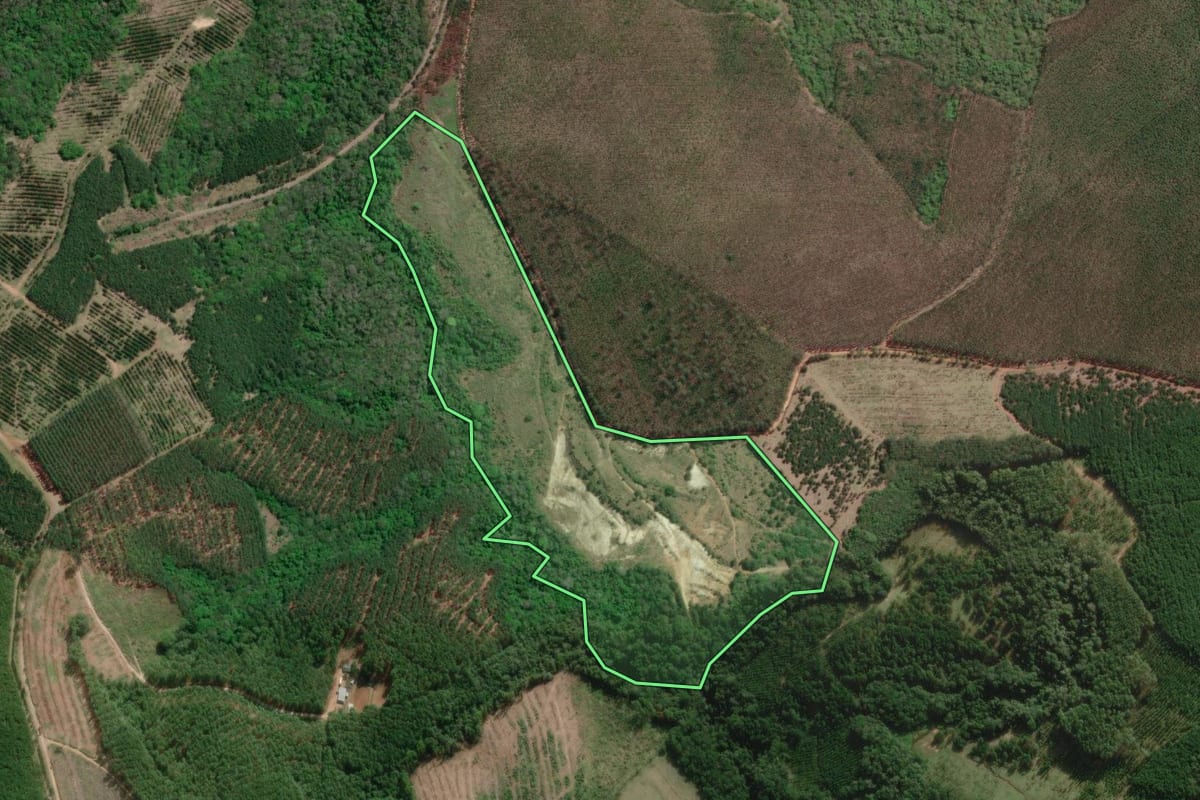 Imagem de satélite do imóvel rural em Itapeva (SP), com o contorno declarado no CAR desenhado por cima.