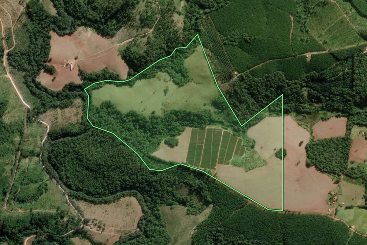 Imagem de satélite do imóvel rural em Itapeva (SP), com o contorno declarado no CAR desenhado por cima.