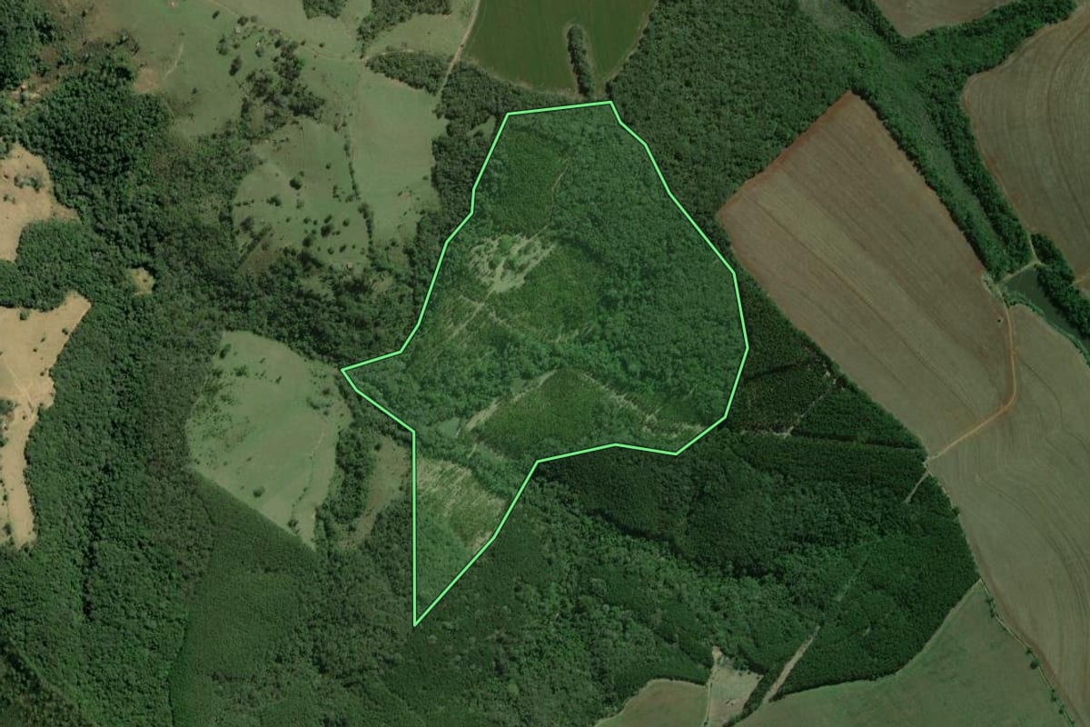 Imagem de satélite do imóvel rural em Itapeva (SP), com o contorno declarado no CAR desenhado por cima.