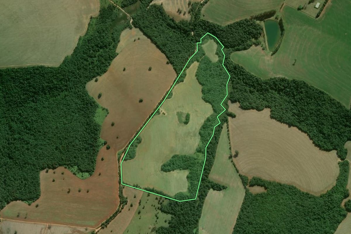 Imagem de satélite do imóvel rural em Itapeva (SP), com o contorno declarado no CAR desenhado por cima.