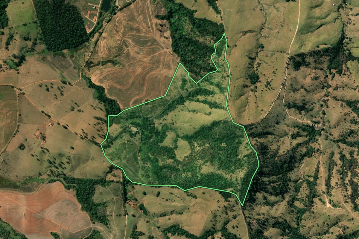 Imagem de satélite do imóvel rural em Itapira (SP), com o contorno declarado no CAR desenhado por cima.