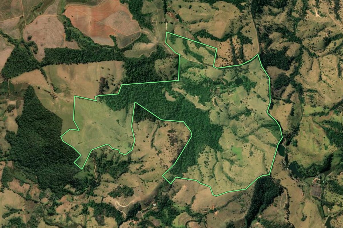Imagem de satélite do imóvel rural em Itapira (SP), com o contorno declarado no CAR desenhado por cima.