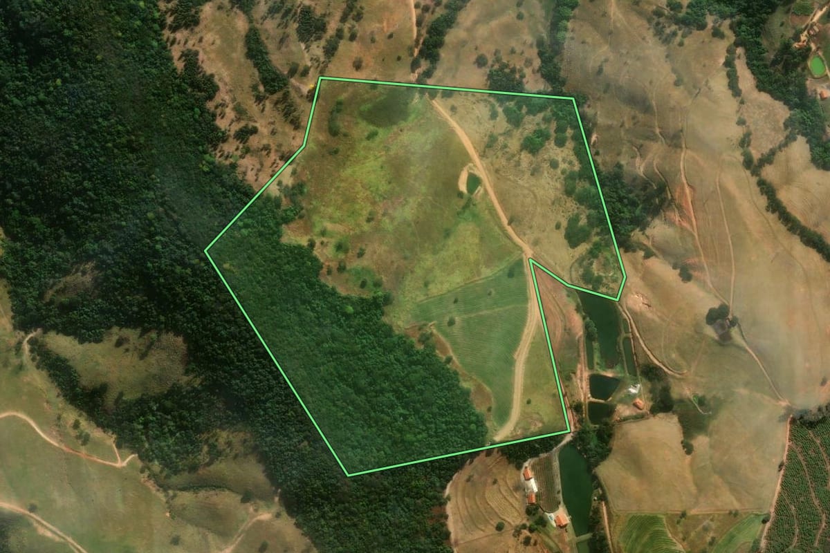 Imagem de satélite do imóvel rural em Itapira (SP), com o contorno declarado no CAR desenhado por cima.