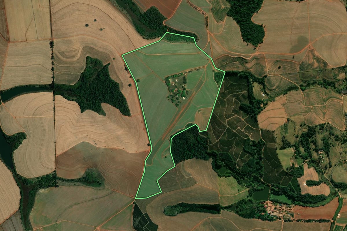 Imagem de satélite do imóvel rural em Itapira (SP), com o contorno declarado no CAR desenhado por cima.