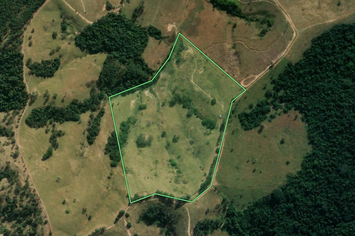Imagem de satélite do imóvel rural em Itapira (SP), com o contorno declarado no CAR desenhado por cima.