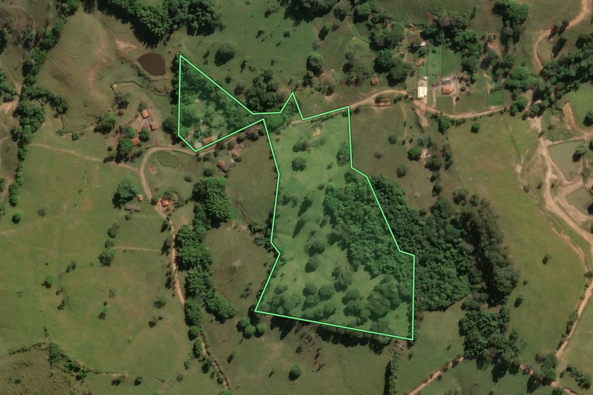 Imagem de satélite do imóvel rural em Itapira (SP), com o contorno declarado no CAR desenhado por cima.