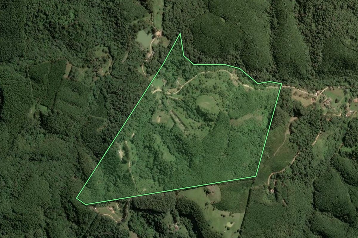 Imagem de satélite do imóvel rural em Itapirapuã Paulista (SP), com o contorno declarado no CAR desenhado por cima.