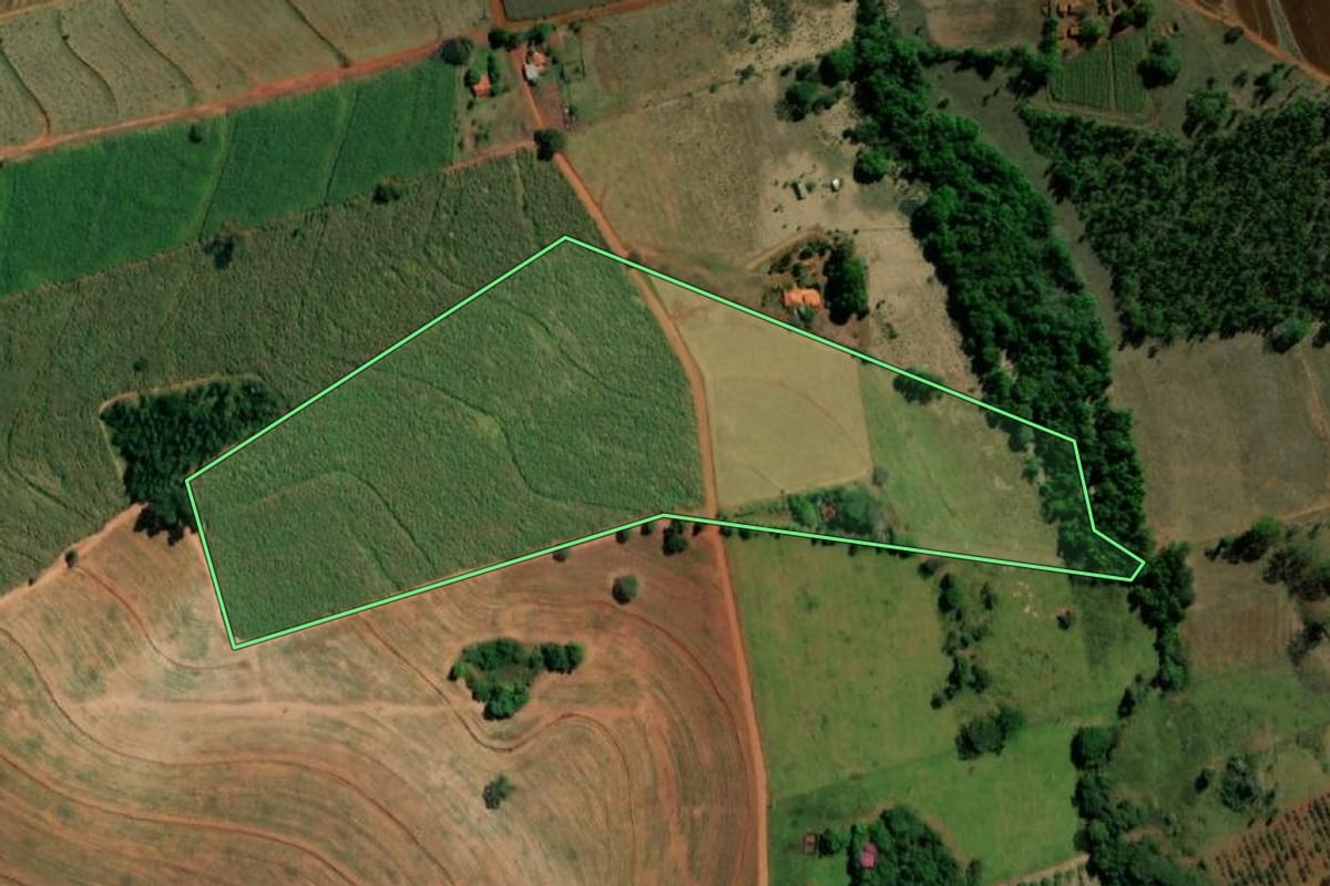 Imagem de satélite do imóvel rural em Itápolis (SP), com o contorno declarado no CAR desenhado por cima.