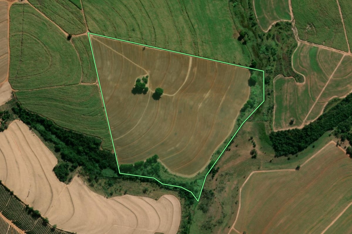 Imagem de satélite do imóvel rural em Itápolis (SP), com o contorno declarado no CAR desenhado por cima.