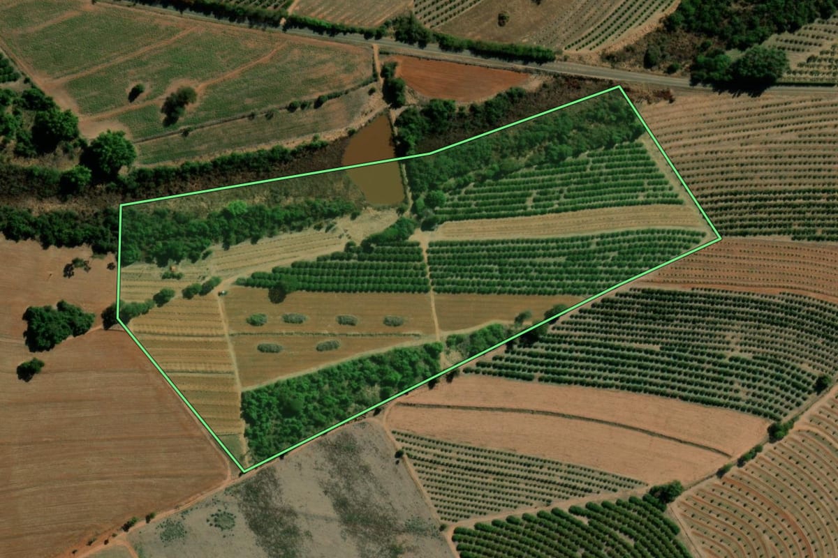 Imagem de satélite do imóvel rural em Itápolis (SP), com o contorno declarado no CAR desenhado por cima.