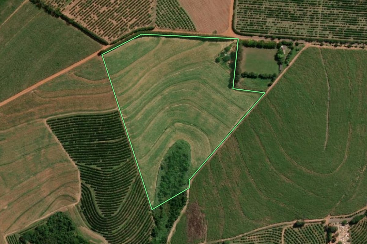 Imagem de satélite do imóvel rural em Itápolis (SP), com o contorno declarado no CAR desenhado por cima.