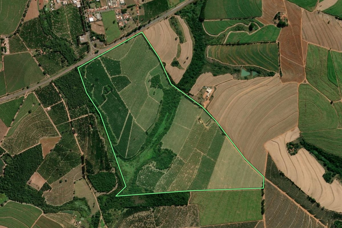 Imagem de satélite do imóvel rural em Itápolis (SP), com o contorno declarado no CAR desenhado por cima.