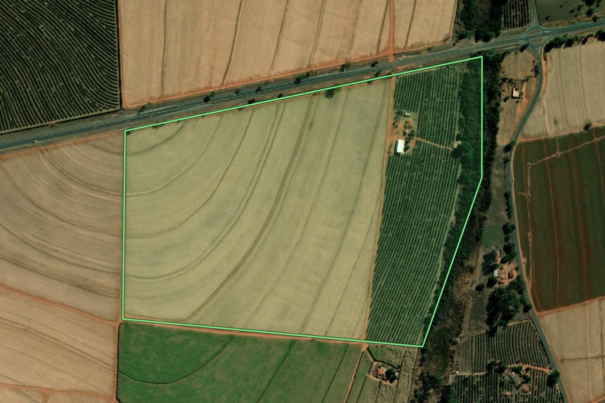 Imagem de satélite do imóvel rural em Itápolis (SP), com o contorno declarado no CAR desenhado por cima.
