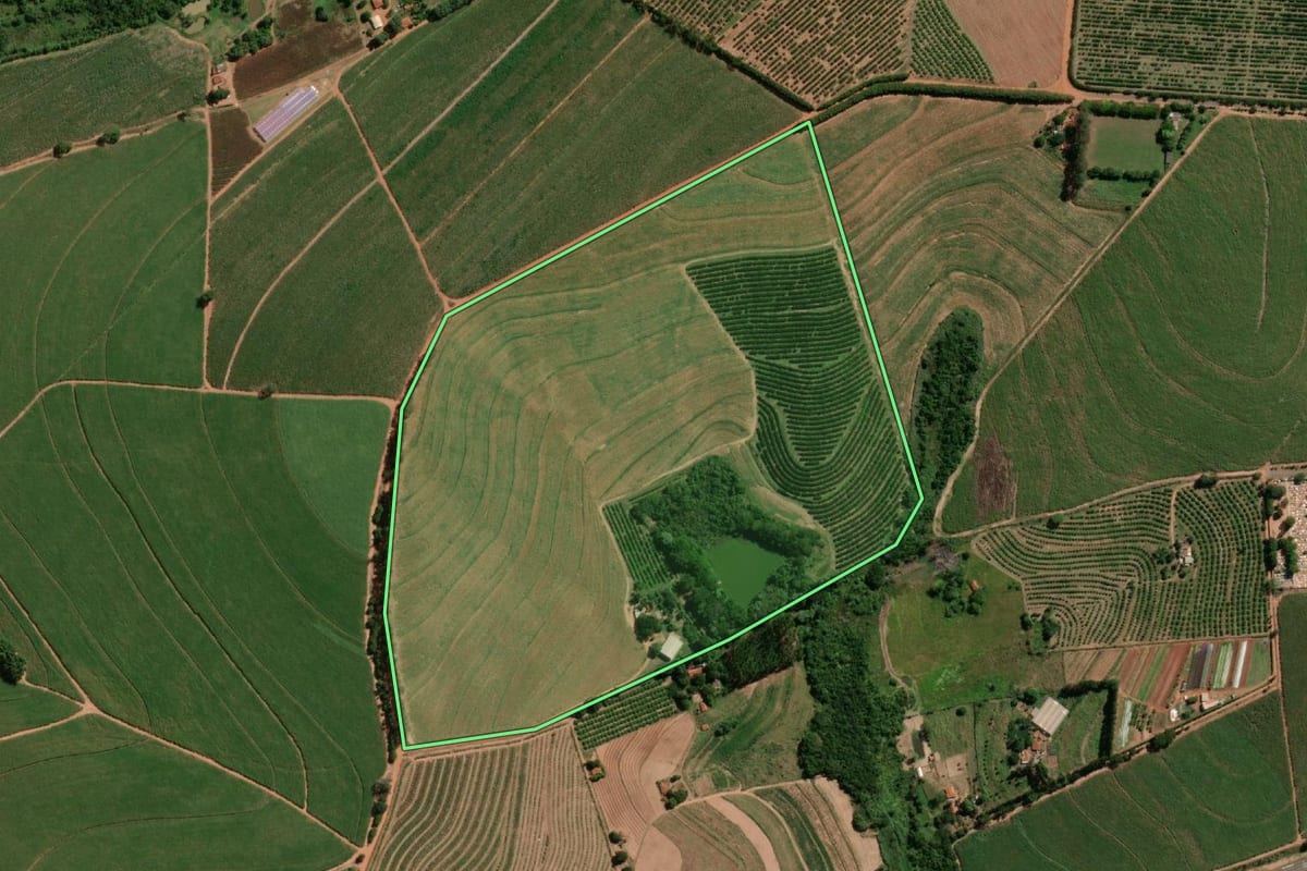 Imagem de satélite do imóvel rural em Itápolis (SP), com o contorno declarado no CAR desenhado por cima.
