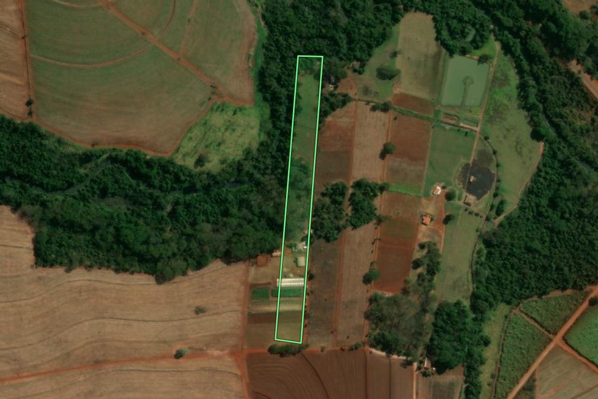 Imagem de satélite do imóvel rural em Itápolis (SP), com o contorno declarado no CAR desenhado por cima.