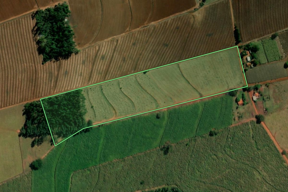 Imagem de satélite do imóvel rural em Itápolis (SP), com o contorno declarado no CAR desenhado por cima.