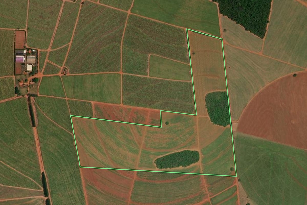 Imagem de satélite do imóvel rural em Itápolis (SP), com o contorno declarado no CAR desenhado por cima.