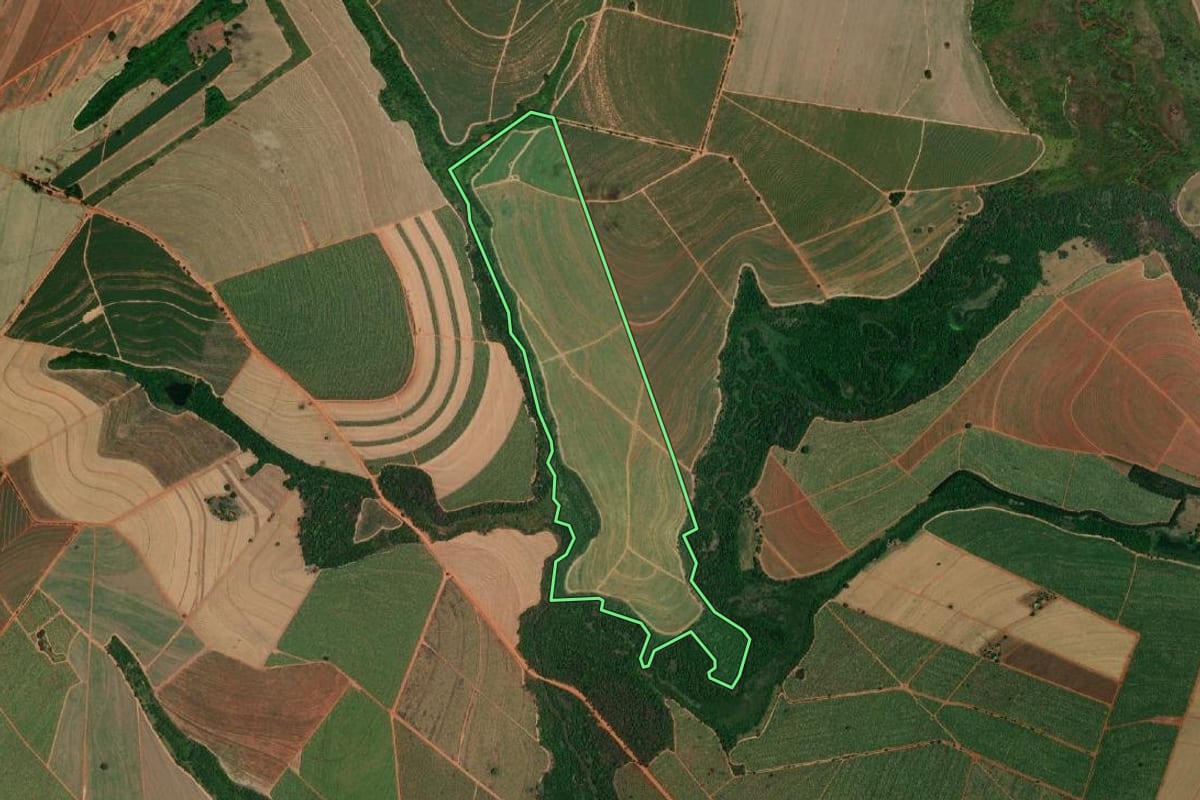 Imagem de satélite do imóvel rural em Itápolis (SP), com o contorno declarado no CAR desenhado por cima.