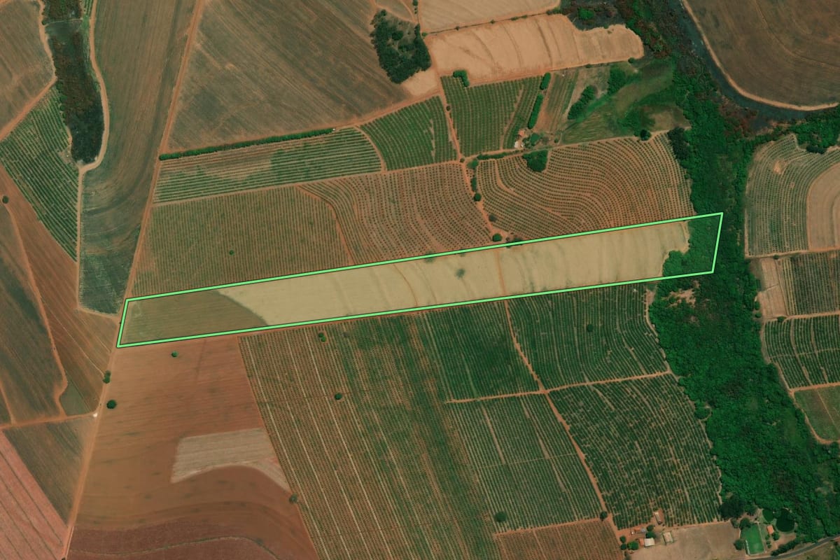 Imagem de satélite do imóvel rural em Itápolis (SP), com o contorno declarado no CAR desenhado por cima.