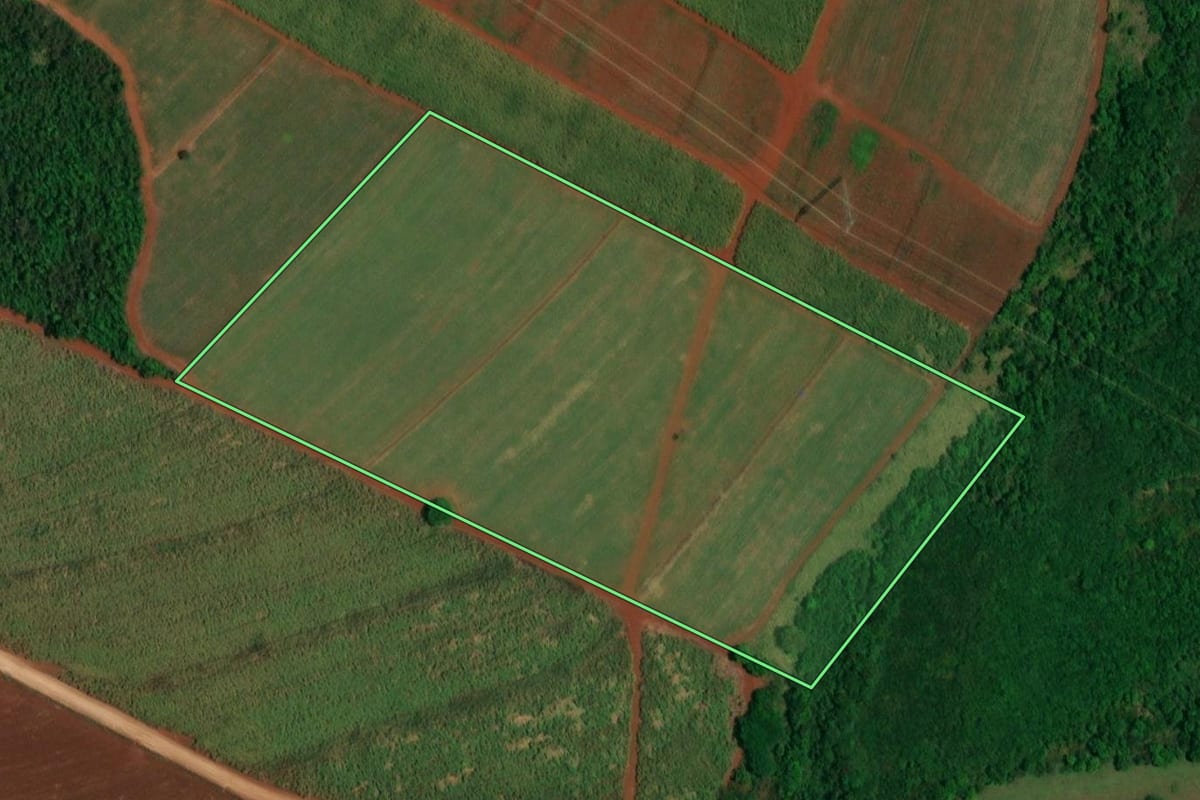 Imagem de satélite do imóvel rural em Itápolis (SP), com o contorno declarado no CAR desenhado por cima.
