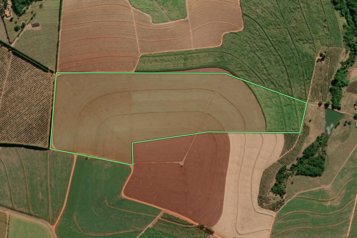 Imagem de satélite do imóvel rural em Itápolis (SP), com o contorno declarado no CAR desenhado por cima.