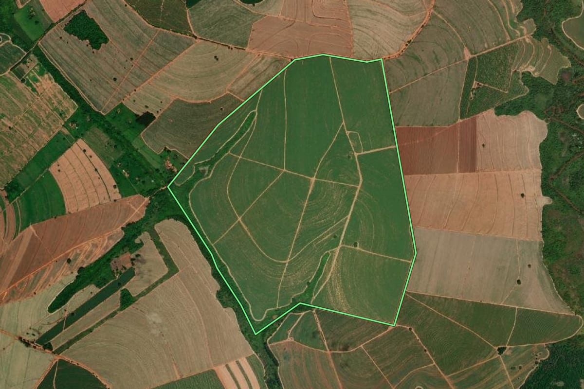 Imagem de satélite do imóvel rural em Itápolis (SP), com o contorno declarado no CAR desenhado por cima.