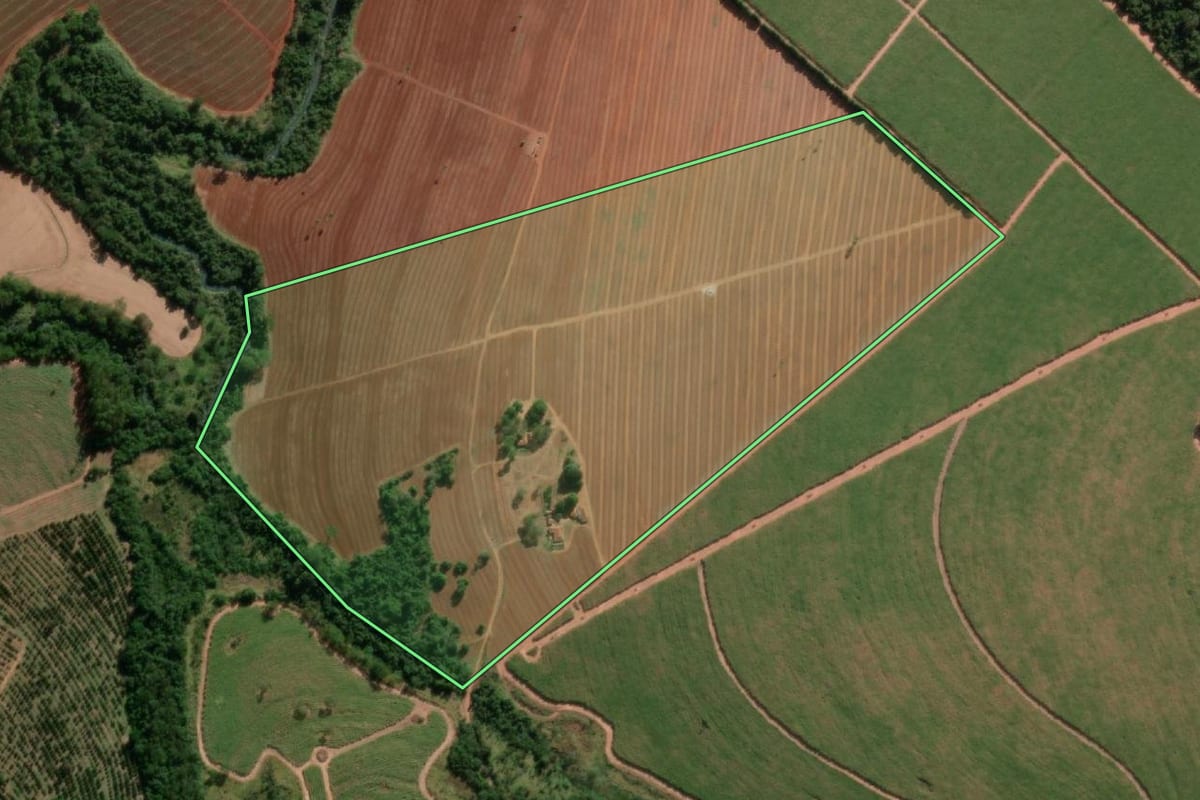 Imagem de satélite do imóvel rural em Itápolis (SP), com o contorno declarado no CAR desenhado por cima.