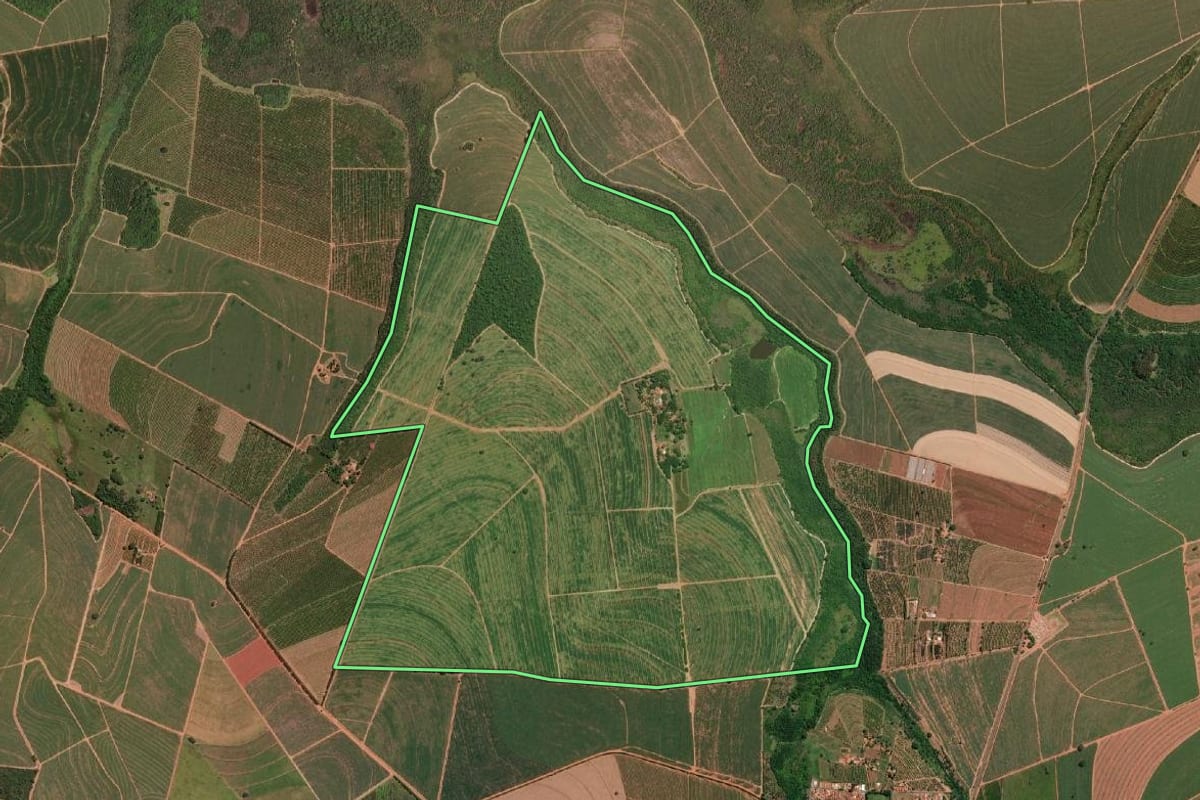 Imagem de satélite do imóvel rural em Itápolis (SP), com o contorno declarado no CAR desenhado por cima.