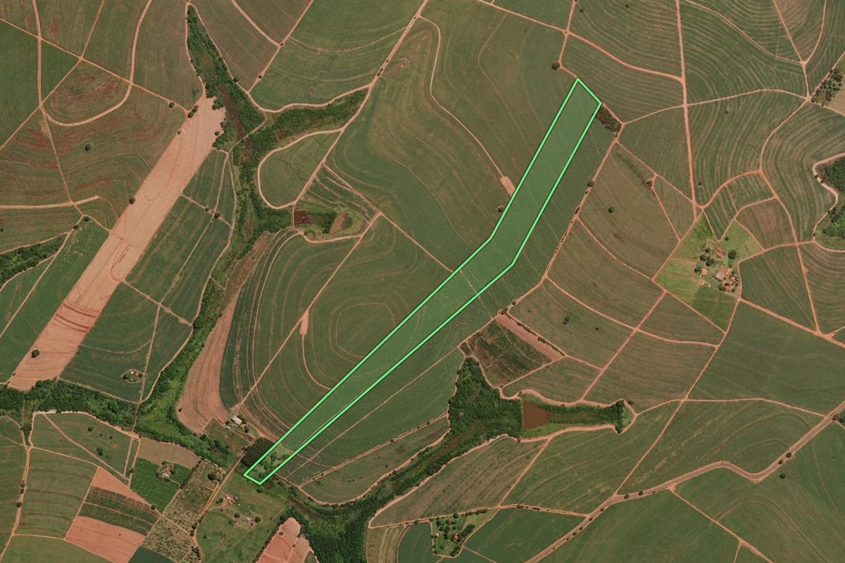 Imagem de satélite do imóvel rural em Itápolis (SP), com o contorno declarado no CAR desenhado por cima.