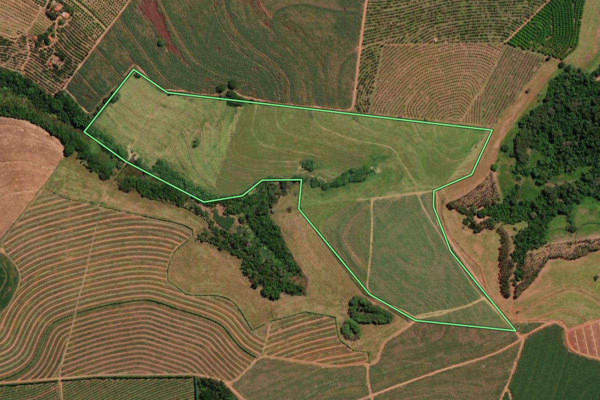 Imagem de satélite do imóvel rural em Itápolis (SP), com o contorno declarado no CAR desenhado por cima.