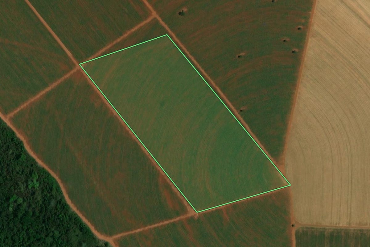 Imagem de satélite do imóvel rural em Itápolis (SP), com o contorno declarado no CAR desenhado por cima.