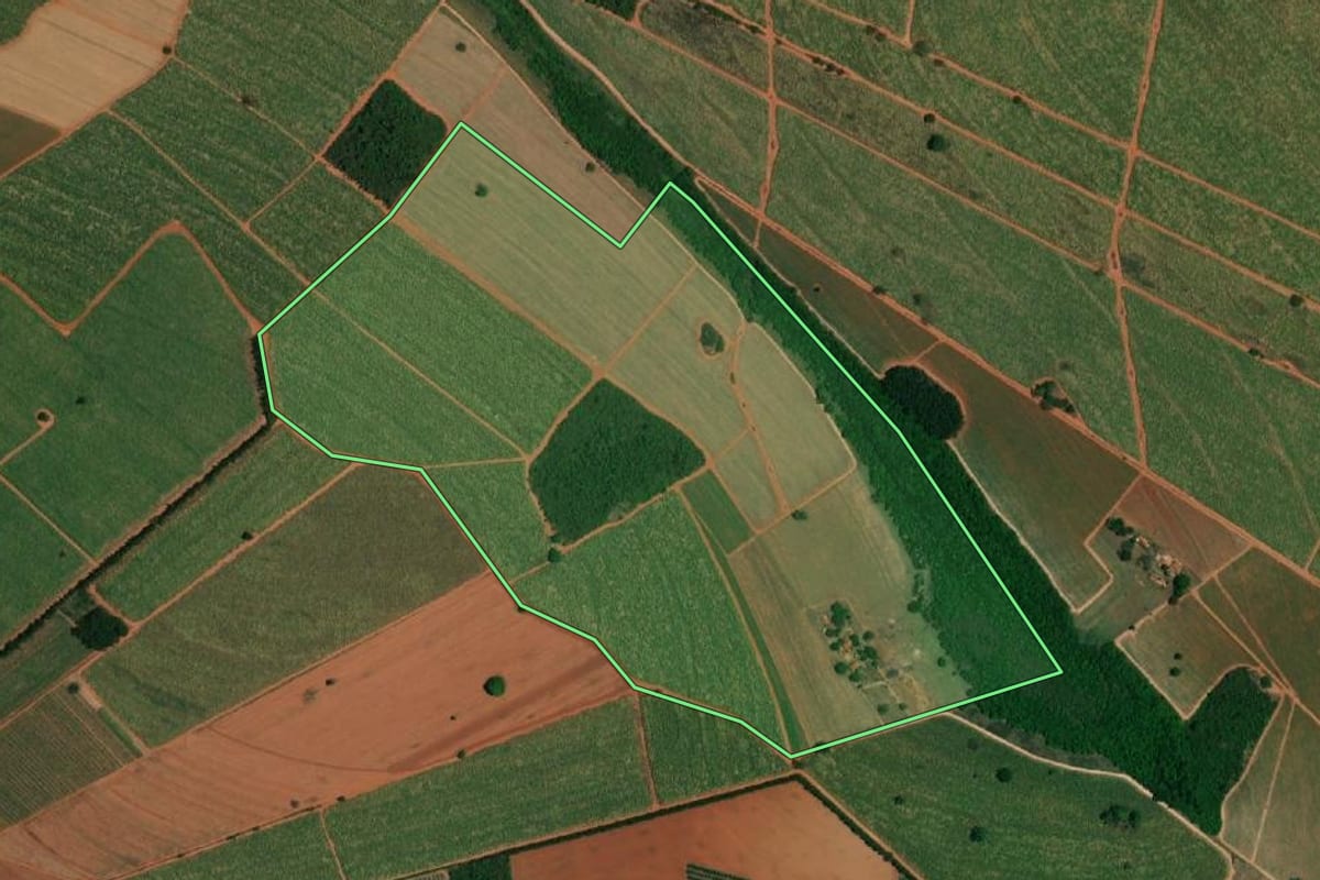 Imagem de satélite do imóvel rural em Itápolis (SP), com o contorno declarado no CAR desenhado por cima.