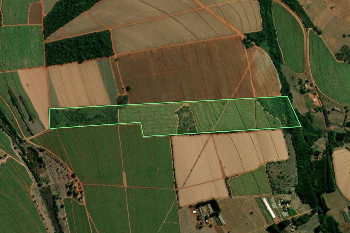 Imagem de satélite do imóvel rural em Itápolis (SP), com o contorno declarado no CAR desenhado por cima.