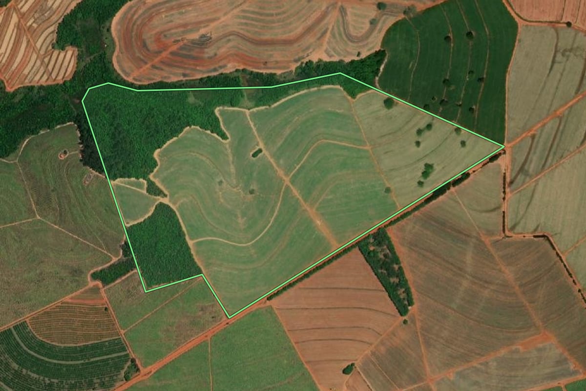 Imagem de satélite do imóvel rural em Itápolis (SP), com o contorno declarado no CAR desenhado por cima.