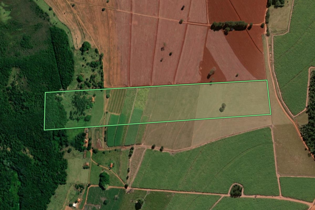 Imagem de satélite do imóvel rural em Itápolis (SP), com o contorno declarado no CAR desenhado por cima.