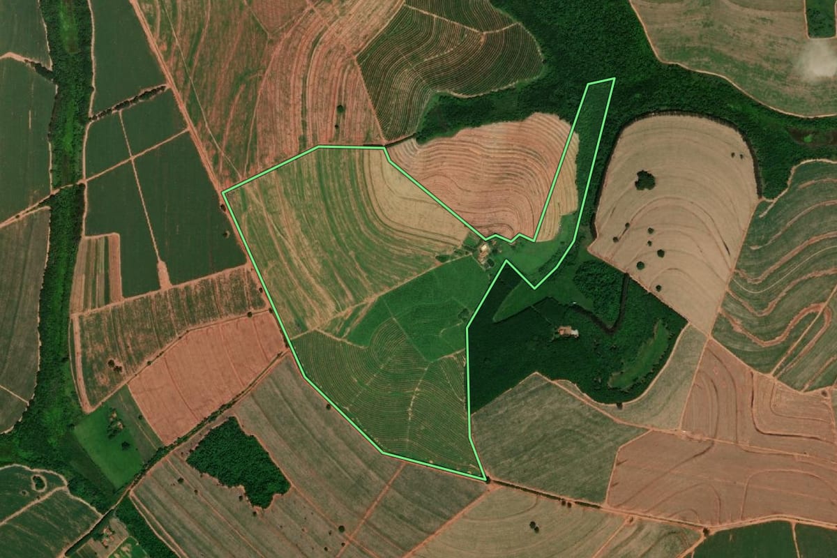 Imagem de satélite do imóvel rural em Itápolis (SP), com o contorno declarado no CAR desenhado por cima.