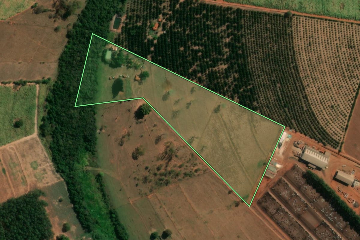 Imagem de satélite do imóvel rural em Itápolis (SP), com o contorno declarado no CAR desenhado por cima.