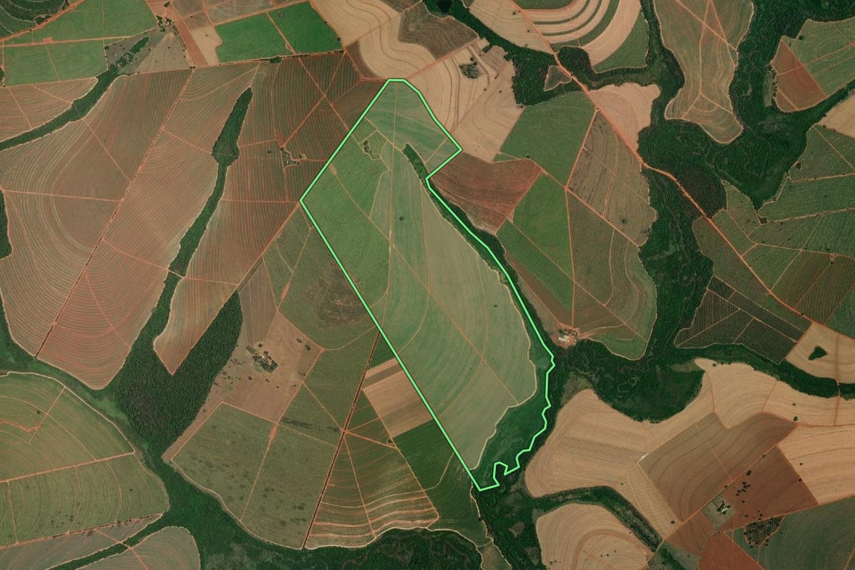 Imagem de satélite do imóvel rural em Itápolis (SP), com o contorno declarado no CAR desenhado por cima.
