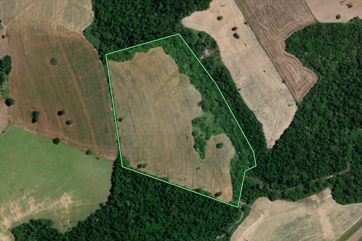 Imagem de satélite do imóvel rural em Itaporanga (SP), com o contorno declarado no CAR desenhado por cima.
