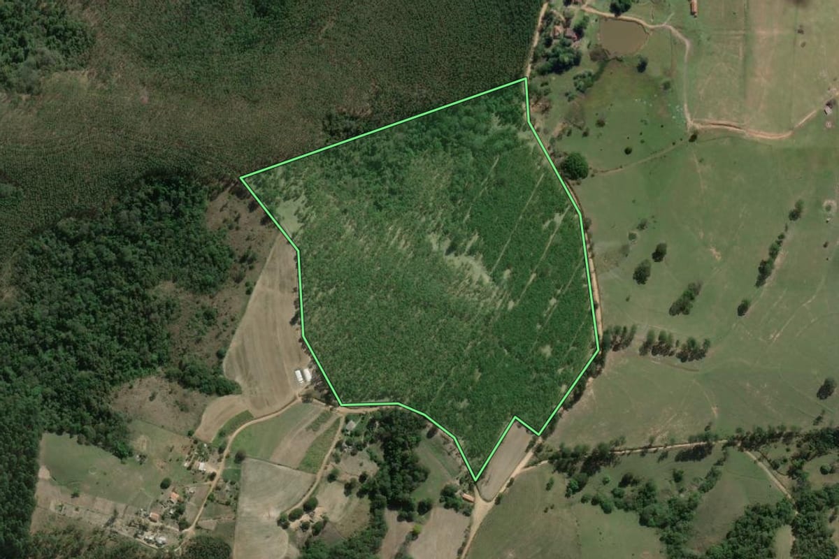 Imagem de satélite do imóvel rural em Itararé (SP), com o contorno declarado no CAR desenhado por cima.