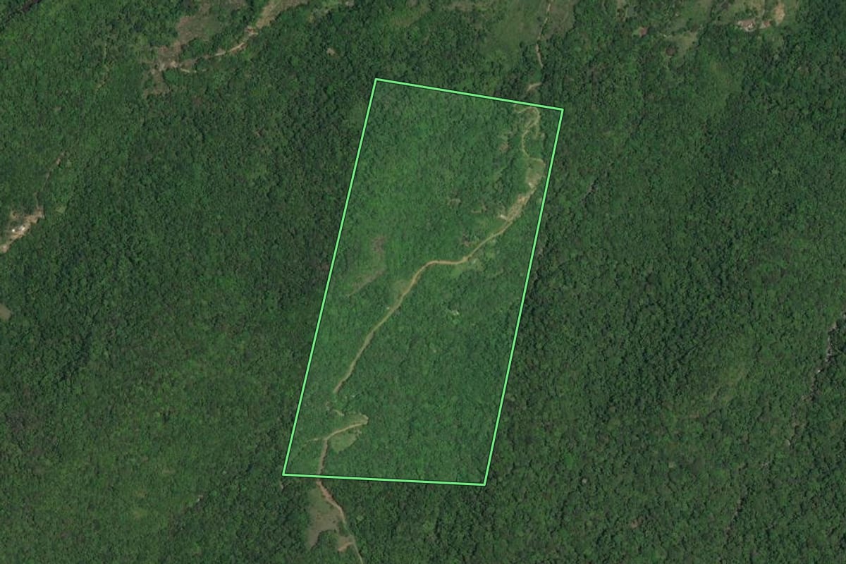 Imagem de satélite do imóvel rural em Itariri (SP), com o contorno declarado no CAR desenhado por cima.