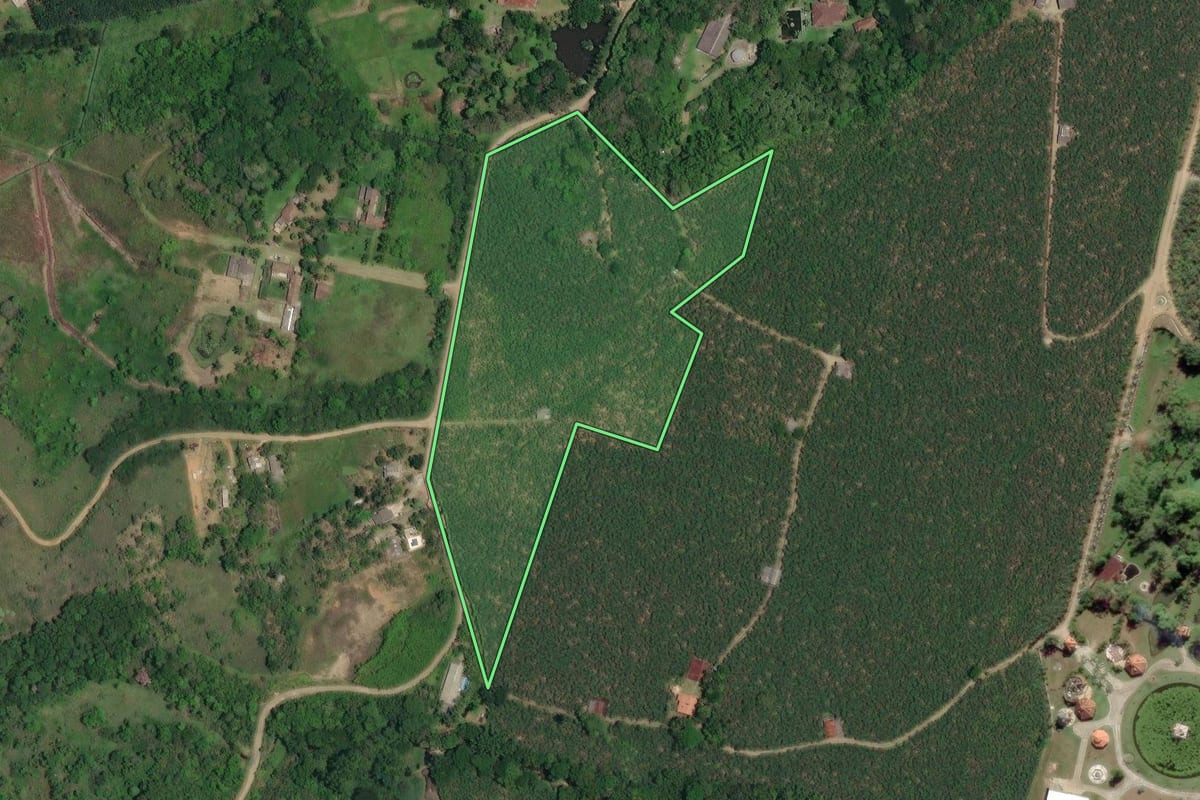 Imagem de satélite do imóvel rural em Itariri (SP), com o contorno declarado no CAR desenhado por cima.