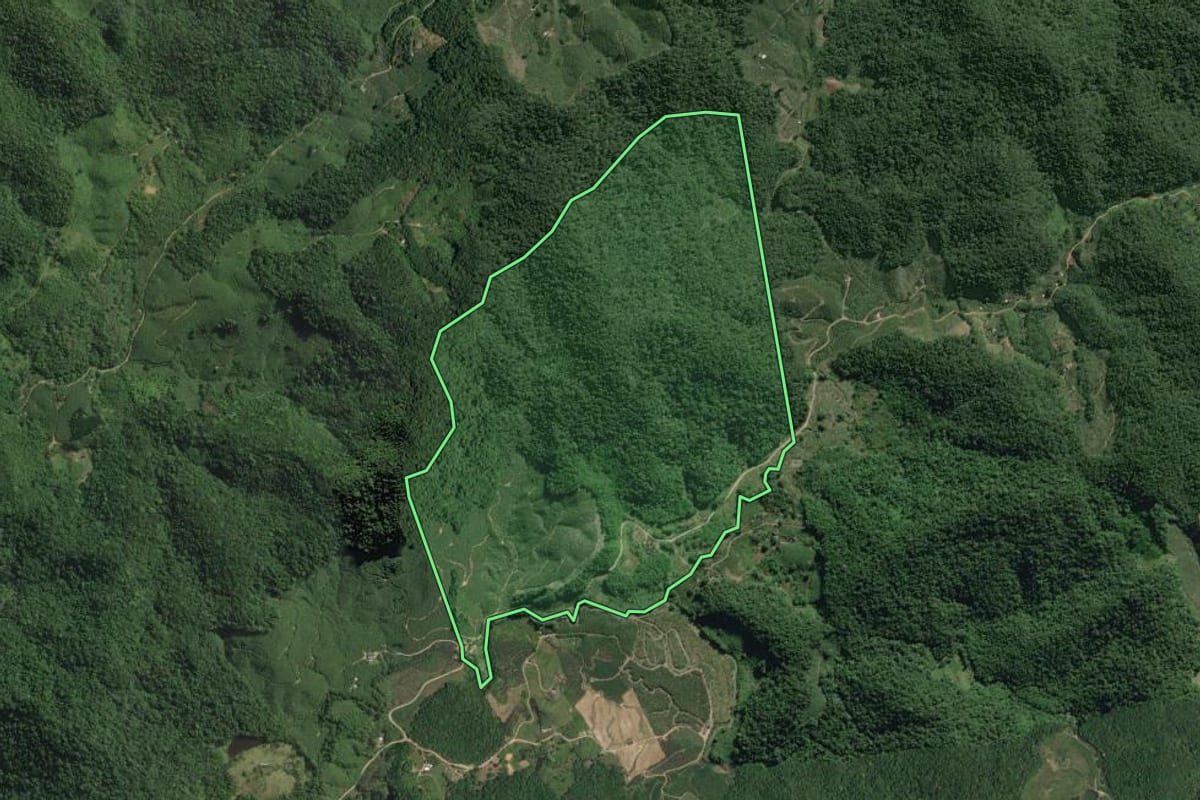 Imagem de satélite do imóvel rural em Itariri (SP), com o contorno declarado no CAR desenhado por cima.