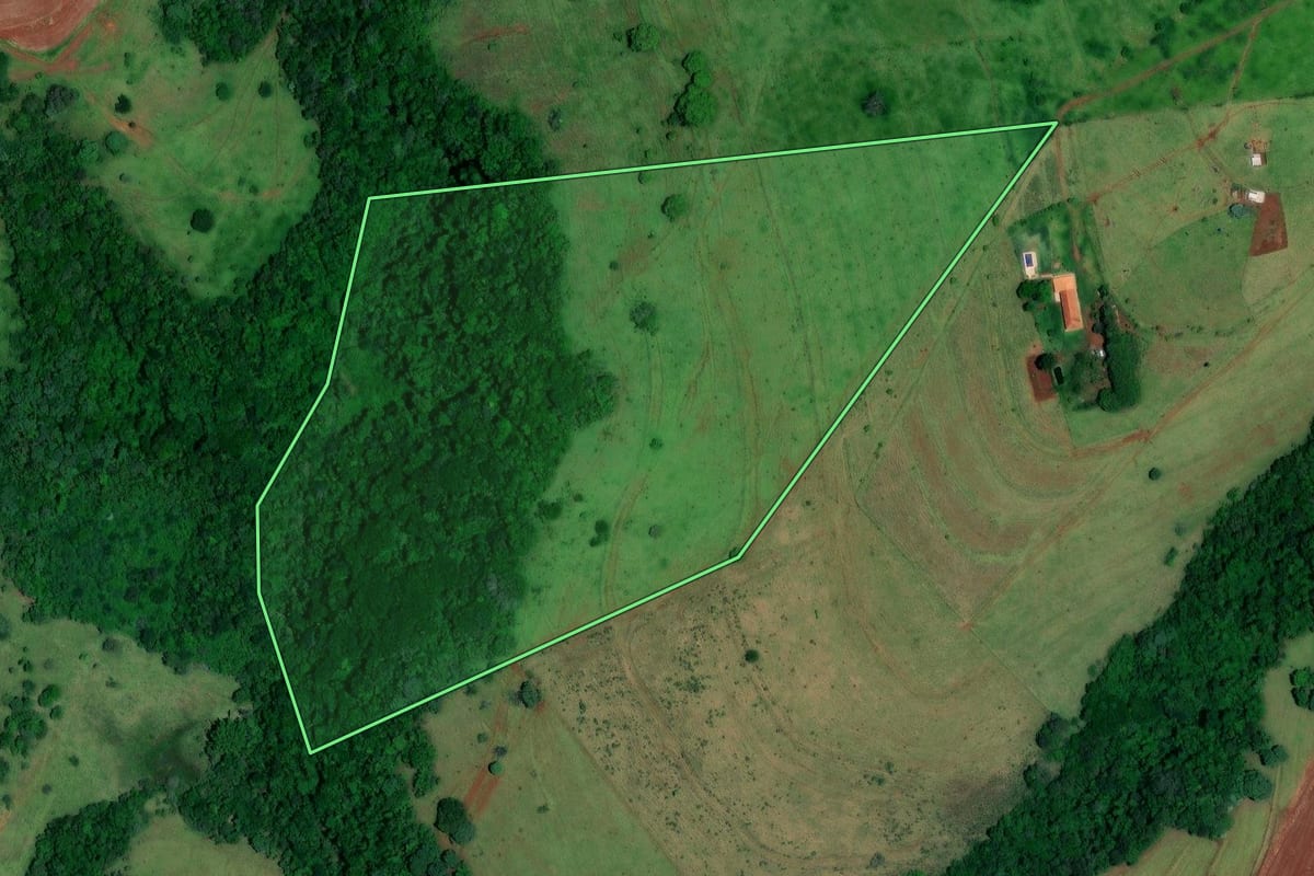Imagem de satélite do imóvel rural em Itatinga (SP), com o contorno declarado no CAR desenhado por cima.