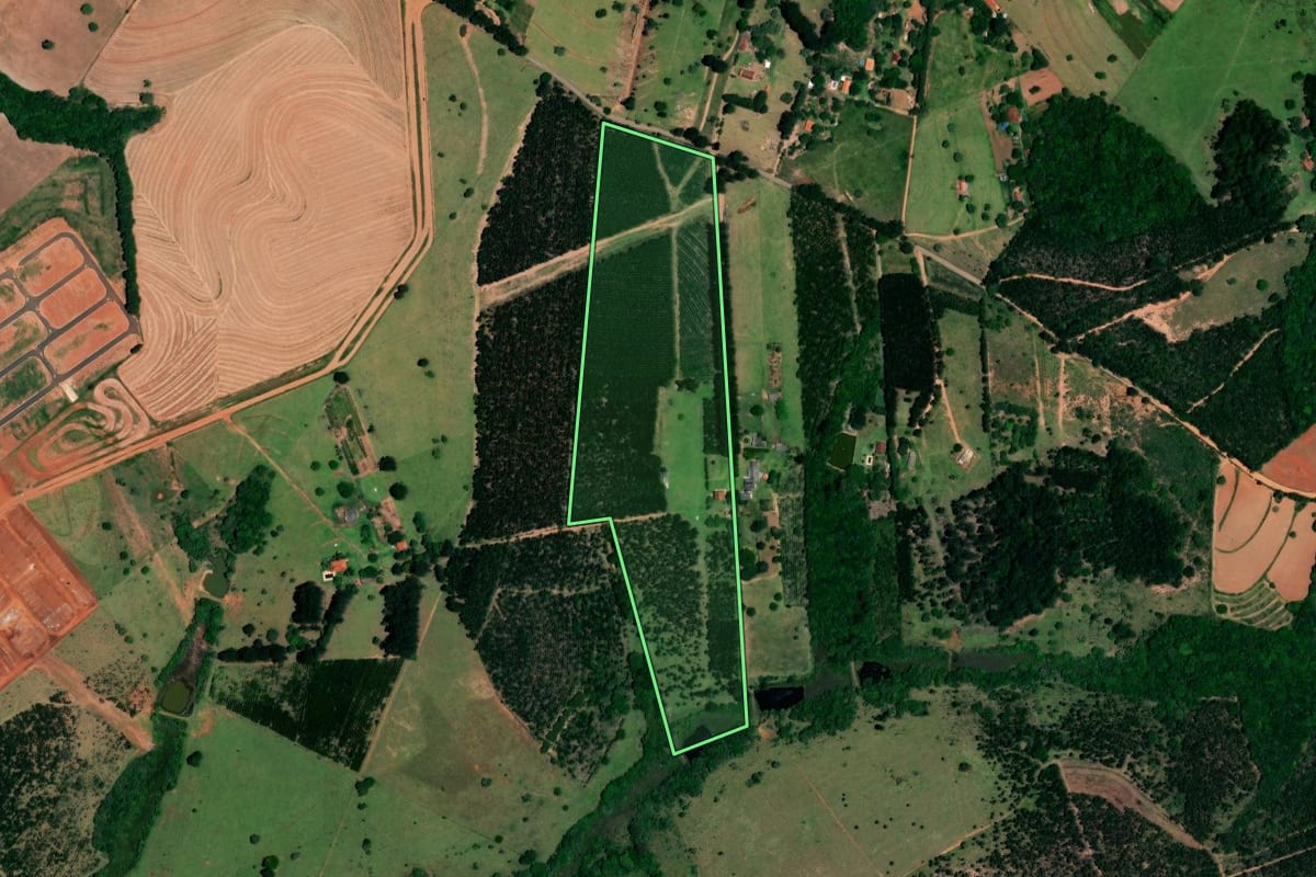Imagem de satélite do imóvel rural em Itatinga (SP), com o contorno declarado no CAR desenhado por cima.